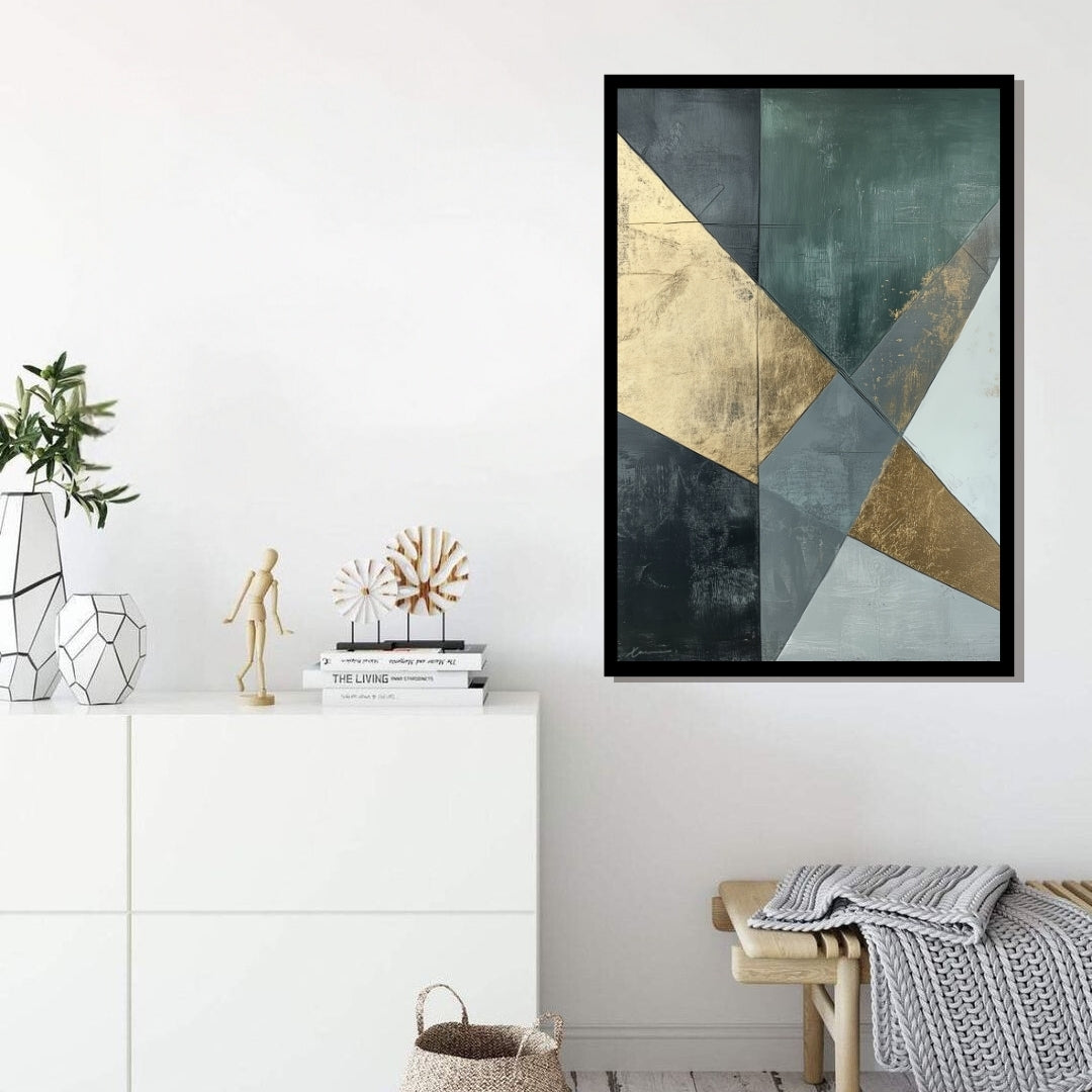 “Post Victory” by Xennoir – abstract geometric painting in gold, green, and grey, symbolizing the calm aftermath of triumph and emotional reflection.
