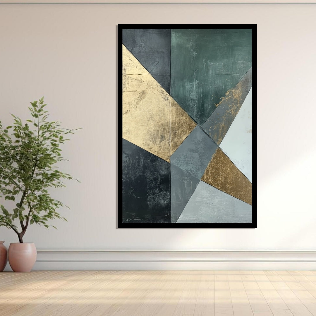 “Post Victory” by Xennoir – abstract geometric painting in gold, green, and grey, symbolizing the calm aftermath of triumph and emotional reflection.