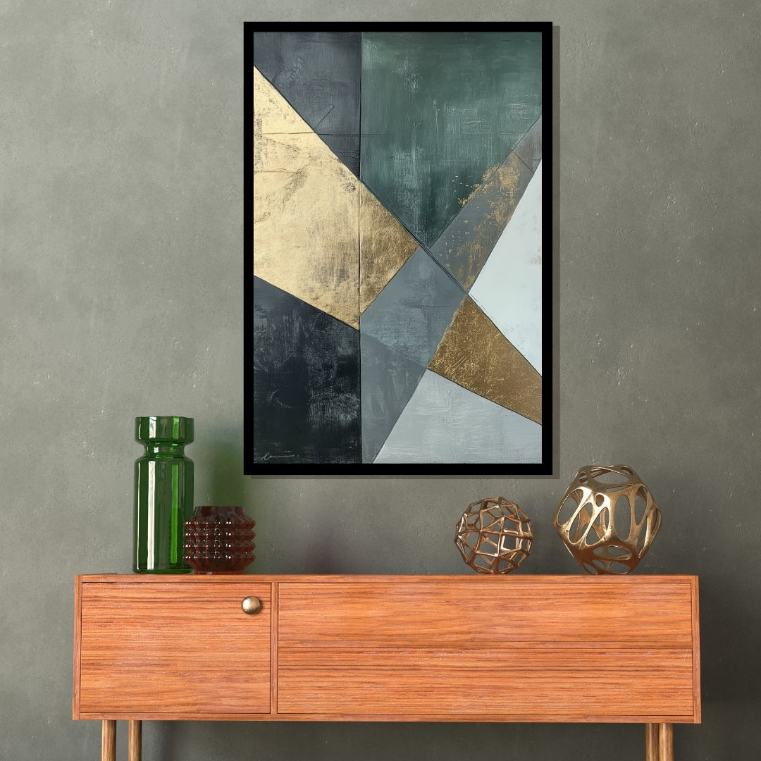 “Post Victory” by Xennoir – abstract geometric painting in gold, green, and grey, symbolizing the calm aftermath of triumph and emotional reflection.