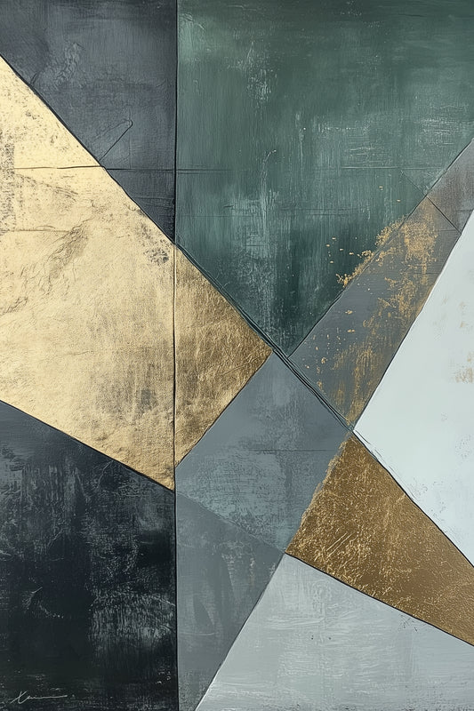 “Post Victory” by Xennoir – abstract geometric painting in gold, green, and grey, symbolizing the calm aftermath of triumph and emotional reflection.