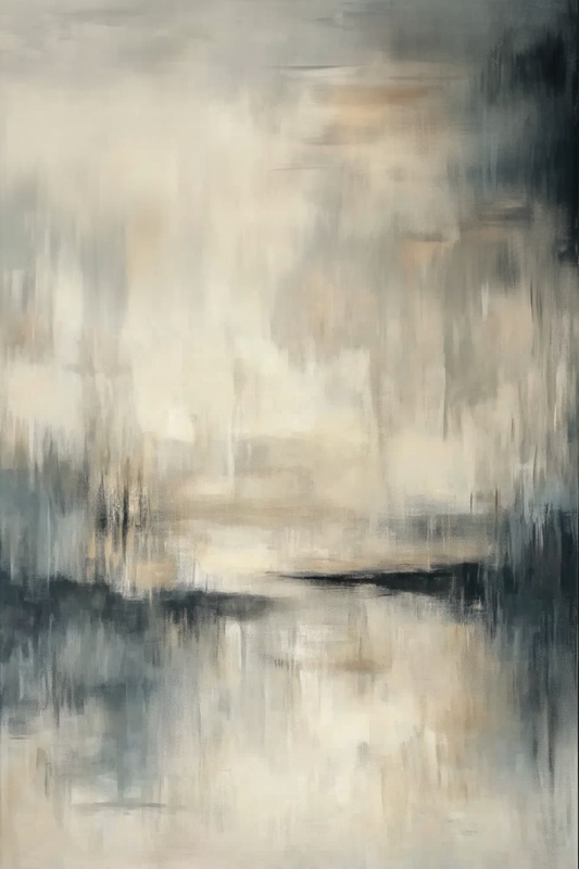 “Quietude” by Sarah Lemaire – abstract minimalist painting in beige, cream, and grey tones evoking a misty riverside landscape in peaceful stillness.