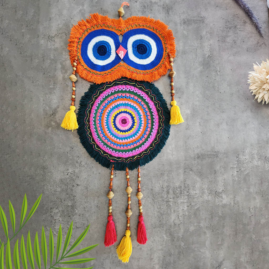 “Rainbow Owl Dreamer” by ArtixHub – colorful macramé owl wall hanging with orange, blue, and pink loops, wood beads, and tasseled feathers, capturing playful whimsy. Ideal for kids’ rooms, creative studios, or eclectic living spaces, infusing UAE interiors with joyful charm.