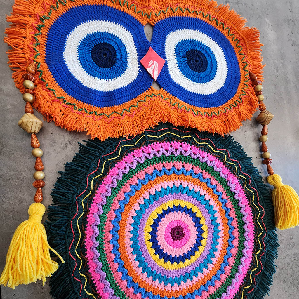 “Rainbow Owl Dreamer” by ArtixHub – colorful macramé owl wall hanging with orange, blue, and pink loops, wood beads, and tasseled feathers, capturing playful whimsy. Ideal for kids’ rooms, creative studios, or eclectic living spaces, infusing UAE interiors with joyful charm.