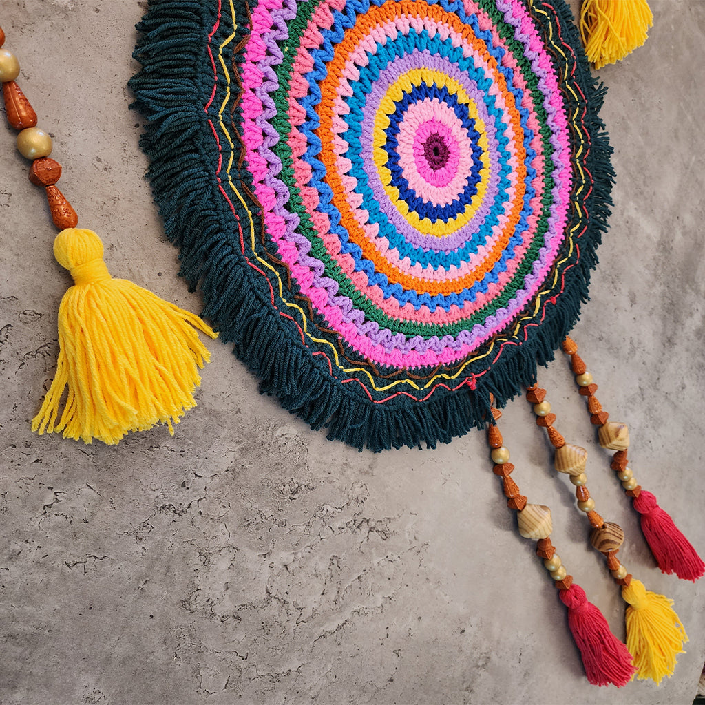 “Rainbow Owl Dreamer” by ArtixHub – colorful macramé owl wall hanging with orange, blue, and pink loops, wood beads, and tasseled feathers, capturing playful whimsy. Ideal for kids’ rooms, creative studios, or eclectic living spaces, infusing UAE interiors with joyful charm.