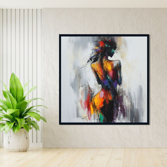 “Rainbow Rhapsody” by ArtixHub – figurative canvas wall art of a woman immersed in a burst of multicolored energy, with vivid tones of pink, teal, yellow, and violet, ideal for studios, dressing rooms, or game rooms. This expressive piece celebrates individuality and bold creativity, perfect for UAE homes with a flair for color and personality.