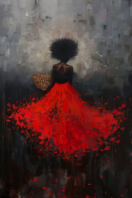 “Red Rapture” by ArtixHub – figurative canvas wall art featuring a woman in a flowing red dress standing in a golden field under warm evening light, ideal for bedrooms, dressing rooms, or reading nooks. This emotive piece radiates freedom, beauty, and stillness — perfect for UAE homes with a poetic and romantic interior palette.