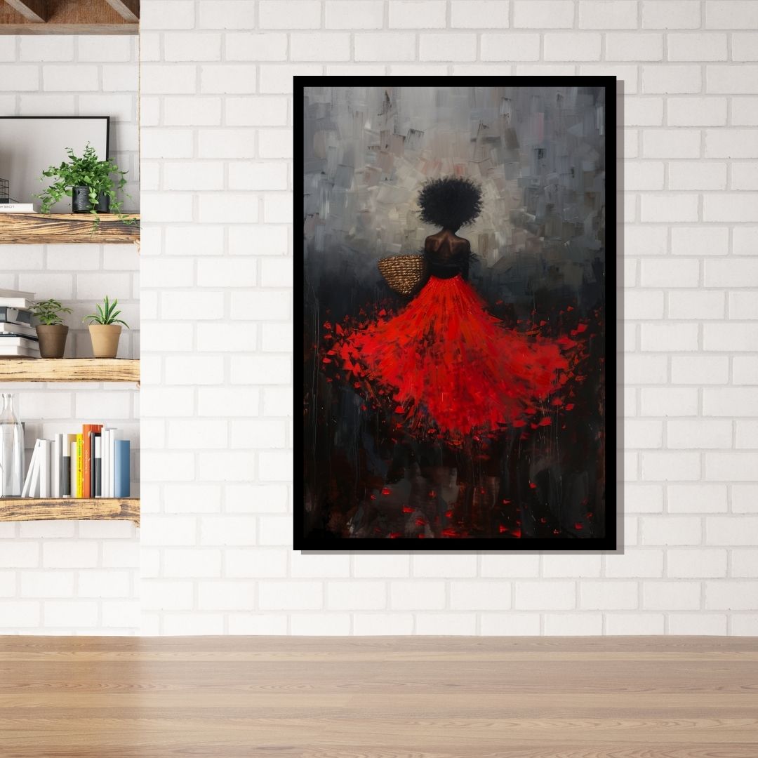 “Red Rapture” by ArtixHub – figurative canvas wall art featuring a woman in a flowing red dress standing in a golden field under warm evening light, ideal for bedrooms, dressing rooms, or reading nooks. This emotive piece radiates freedom, beauty, and stillness — perfect for UAE homes with a poetic and romantic interior palette.