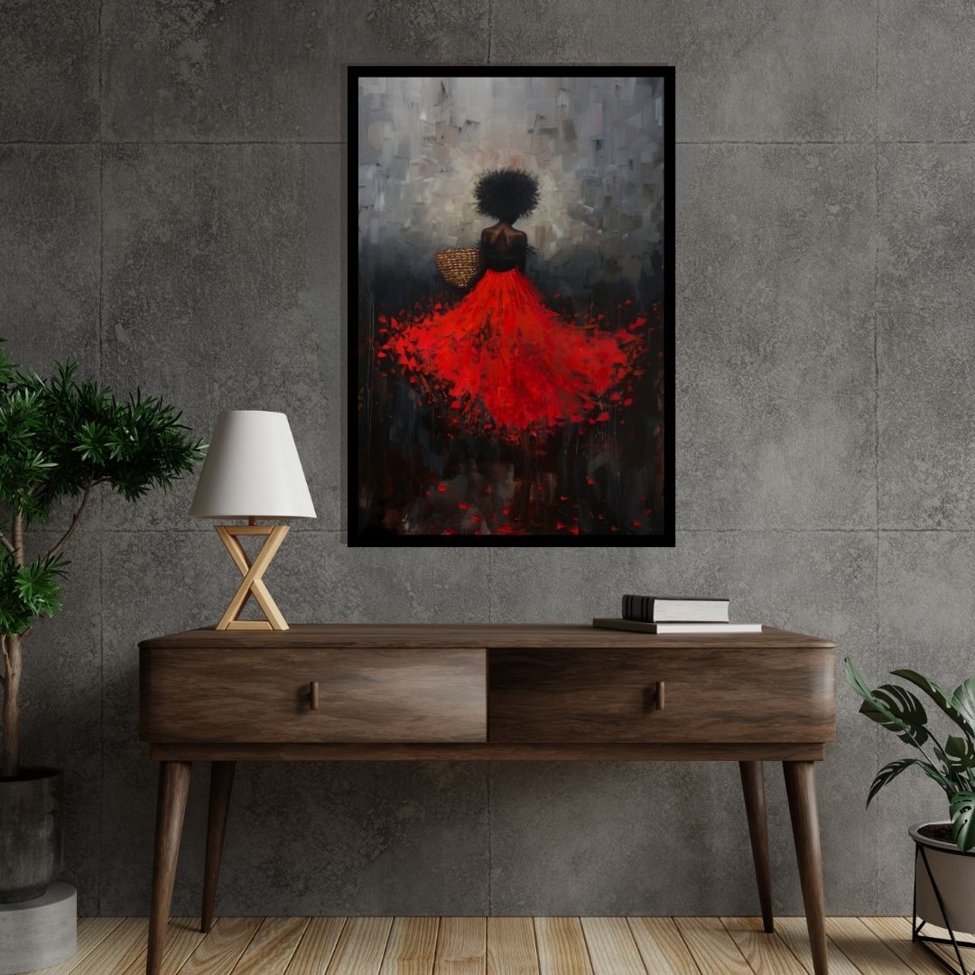 “Red Rapture” by ArtixHub – figurative canvas wall art featuring a woman in a flowing red dress standing in a golden field under warm evening light, ideal for bedrooms, dressing rooms, or reading nooks. This emotive piece radiates freedom, beauty, and stillness — perfect for UAE homes with a poetic and romantic interior palette.