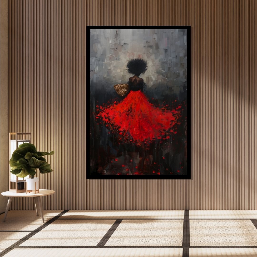 “Red Rapture” by ArtixHub – figurative canvas wall art featuring a woman in a flowing red dress standing in a golden field under warm evening light, ideal for bedrooms, dressing rooms, or reading nooks. This emotive piece radiates freedom, beauty, and stillness — perfect for UAE homes with a poetic and romantic interior palette.