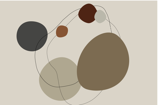 “Sedra” by Clara Moret – abstract minimalist wall art featuring overlapping brown, clay, and charcoal-toned organic shapes outlined with fine black lines on a neutral background.