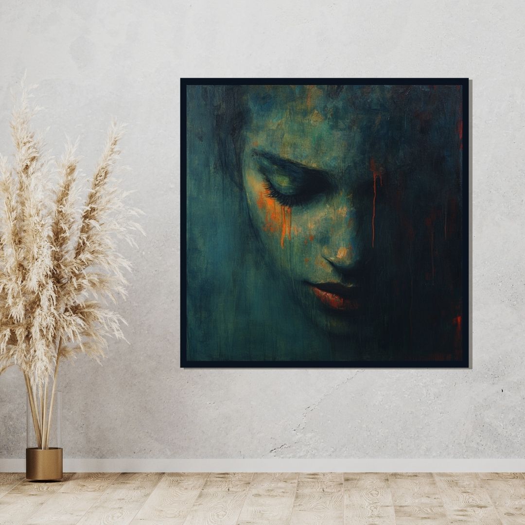 “Shades of Sorrow” by ArtixHub – figurative canvas wall art depicting a woman in grayscale tones with expressive emotion and fragmented detailing, ideal for reading nooks, bedrooms, or quiet lounge spaces. This moody and introspective piece brings dramatic depth and raw human expression to UAE homes with an eye for storytelling art.
