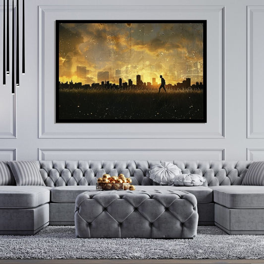 “Shadow Walk” by ArtixHub – surreal canvas wall art featuring a lone figure walking along a reflective city path under hazy skies, in soft gray, white, and gold tones. Ideal for offices, entryways, or studio spaces, this moody piece evokes solitude and contemplation, perfect for UAE homes that appreciate atmospheric storytelling through art.