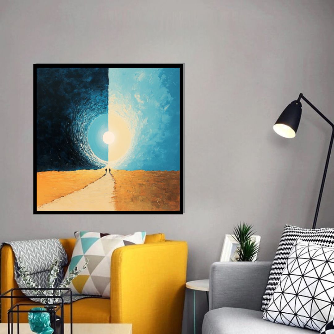 “Shared Horizon” by Valerii – surreal abstract painting of two figures walking toward a split sun across a mirrored desert. Symbolic art print available at www.artixhub.com