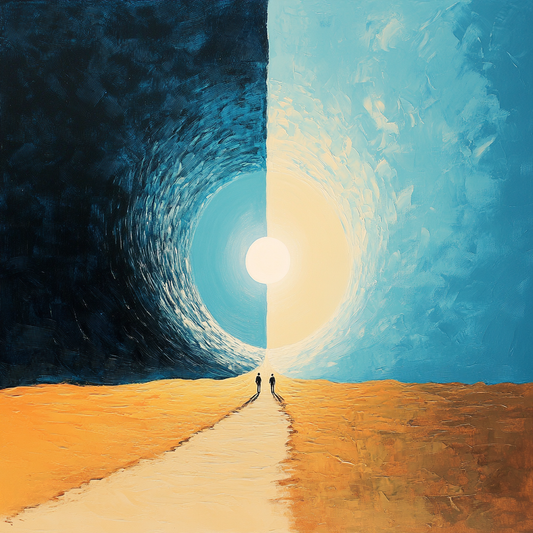 “Shared Horizon” by Valerii – surreal abstract painting of two figures walking toward a split sun across a mirrored desert. Symbolic art print available at www.artixhub.com