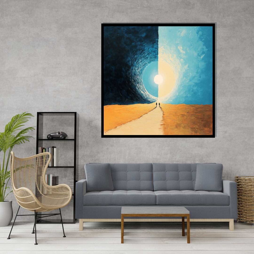 “Shared Horizon” by Valerii – surreal abstract painting of two figures walking toward a split sun across a mirrored desert. Symbolic art print available at www.artixhub.com