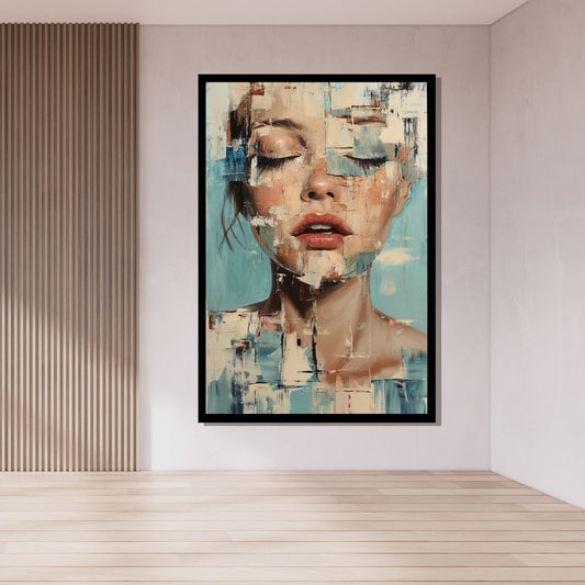 “Shattered Grace” by ArtixHub – figurative canvas wall art showing a woman's face fragmented into angular shards, with soft pastels and muted contrasts, ideal for bedrooms, dressing rooms, or reading nooks. This emotionally resonant piece speaks of vulnerability and transformation, perfect for UAE homes that embrace narrative and depth in décor.