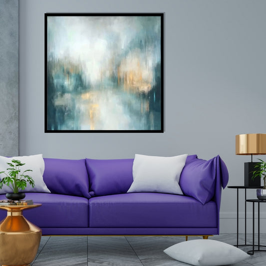 “Silent Lake” by Sarah Lemaire – abstract painting with turquoise, gold, and white tones inspired by the stillness of a lake in the morning light.