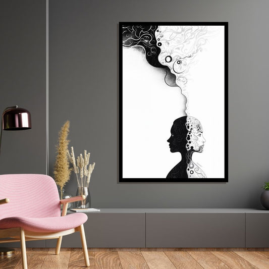 “Silhouette of Thought” by ArtixHub – surreal canvas wall art featuring mirrored female silhouettes in a yin-yang composition, painted in soft black, gray, and white tones. Ideal for wellness spaces, libraries, or bedrooms, this piece explores reflection, balance, and inner duality — perfect for UAE homes with a philosophical or serene aesthetic.