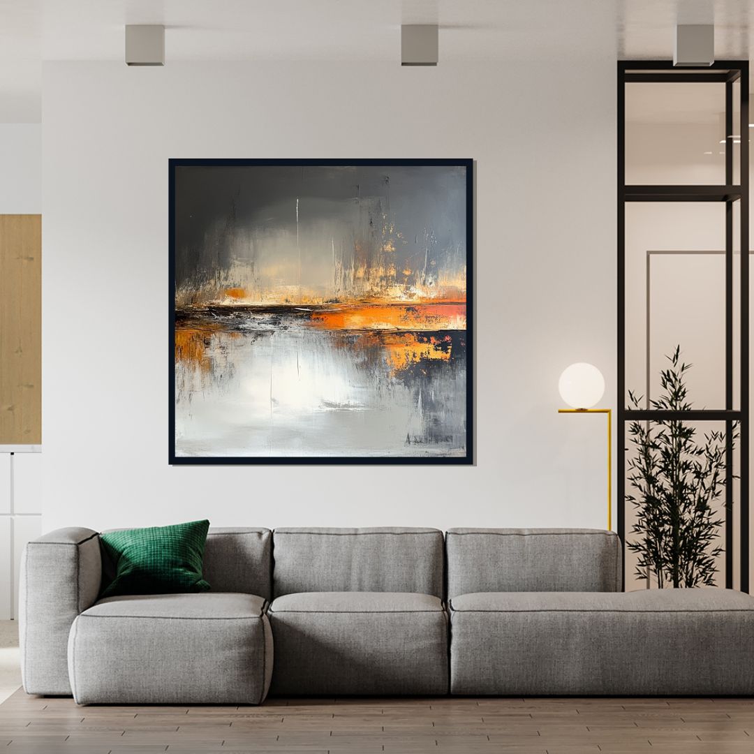 “Silt and Silence” by Valerii – abstract landscape canvas painting with soft sediment textures, smoky gradients, and golden reflections. Limited print at www.artixhub.com