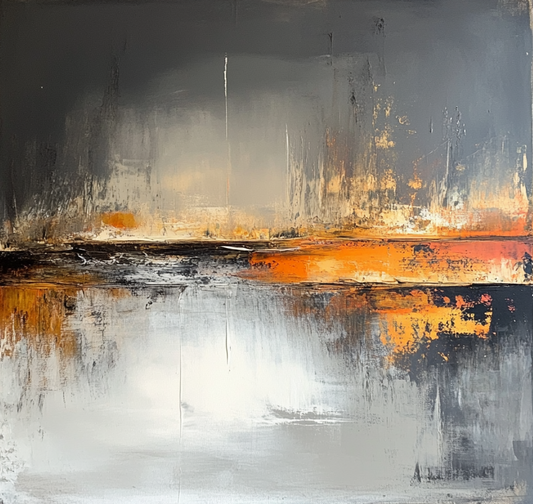 “Silt and Silence” by Valerii – abstract landscape canvas painting with soft sediment textures, smoky gradients, and golden reflections. Limited print at www.artixhub.com