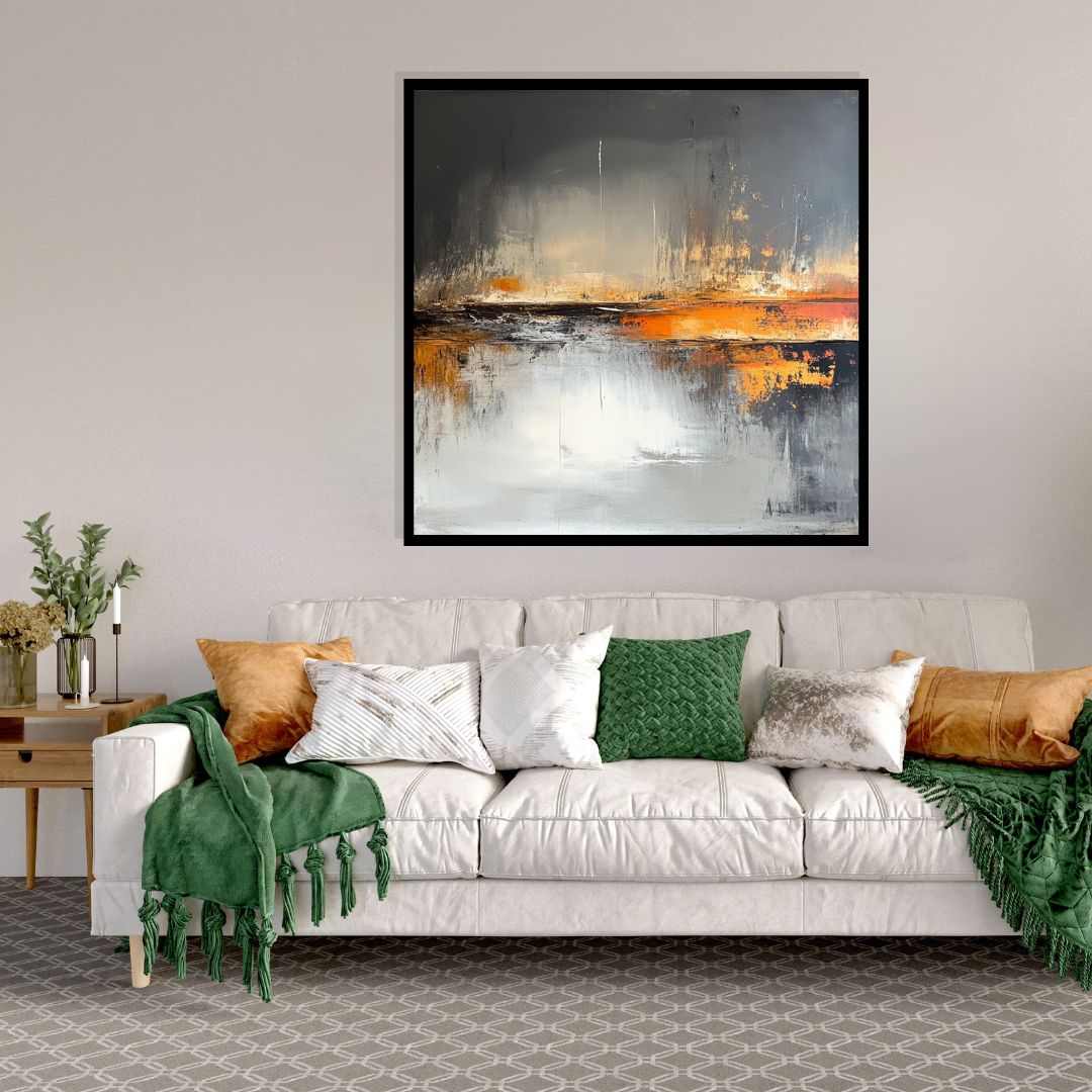 “Silt and Silence” by Valerii – abstract landscape canvas painting with soft sediment textures, smoky gradients, and golden reflections. Limited print at www.artixhub.com