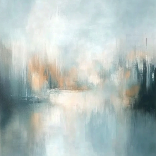 “Silta Shore” by Sarah Lemaire – abstract shoreline painting in pale aqua, blush, and soft grey tones, reflecting a misty coastal atmosphere