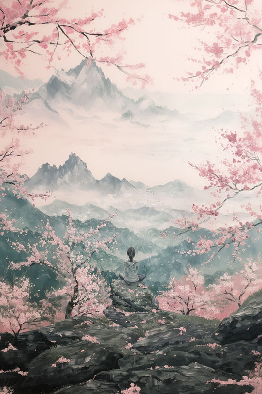 “Solace in Sakura” by ArtixHub – figurative canvas wall art showing a meditative figure perched on a ledge amid pink blossoms and distant mountains, painted in soft pastels and natural hues. Ideal for wellness spaces, bedrooms, or reading nooks, this peaceful artwork invites calm introspection and connection to nature — perfect for UAE homes seeking gentle harmony.