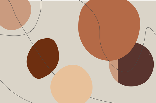 “Solune” by Clara Moret – minimalist abstract artwork featuring warm earthy tones in brown, rust, beige, and nude shapes layered over a light neutral background with floating black lines.