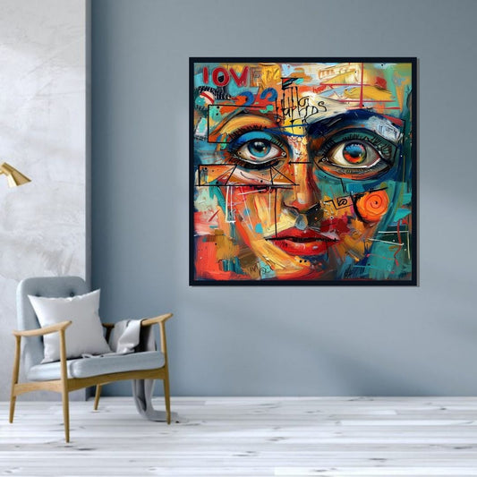 “Soul’s Spectrum” by ArtixHub – figurative canvas wall art of a woman’s face captured through bold expressive strokes in vibrant rainbow hues, creating a powerful blend of identity and emotion. Ideal for dressing rooms, studios, or reading nooks, this piece brings intense character and chromatic energy to UAE homes that value color-rich storytelling.
