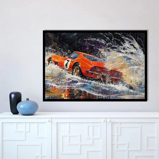“Splash of Speed” by ArtixHub – canvas wall art of a red sports car drifting through a wave of paint splashes in gray, black, and crimson, captured in mid-motion. Ideal for game rooms, studios, or modern lounges, this high-energy piece fuels excitement and adrenaline in UAE homes with a passion for automotive art and bold visuals.