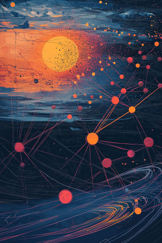 “Stellar Nexus” by ArtixHub, surreal canvas wall art featuring golden constellations