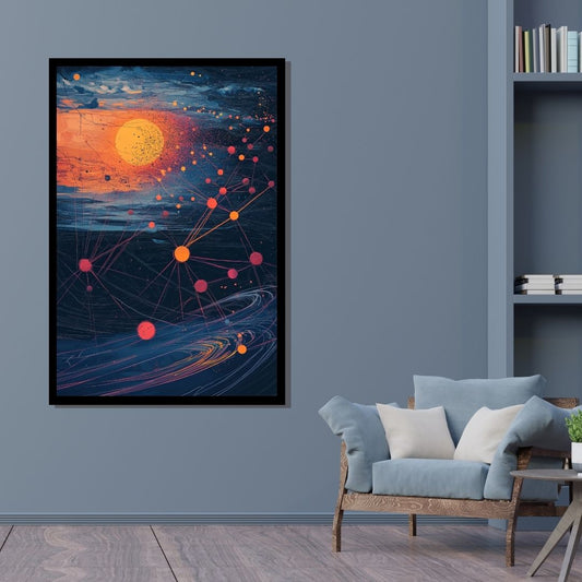 “Stellar Nexus” by ArtixHub – surreal canvas wall art featuring golden constellations, interconnected webs, and radiant celestial energy over a cosmic backdrop. Ideal for studios, wellness areas, or bedrooms, this visionary piece invites imagination, introspection, and spiritual connection into UAE homes with a cosmic soul.