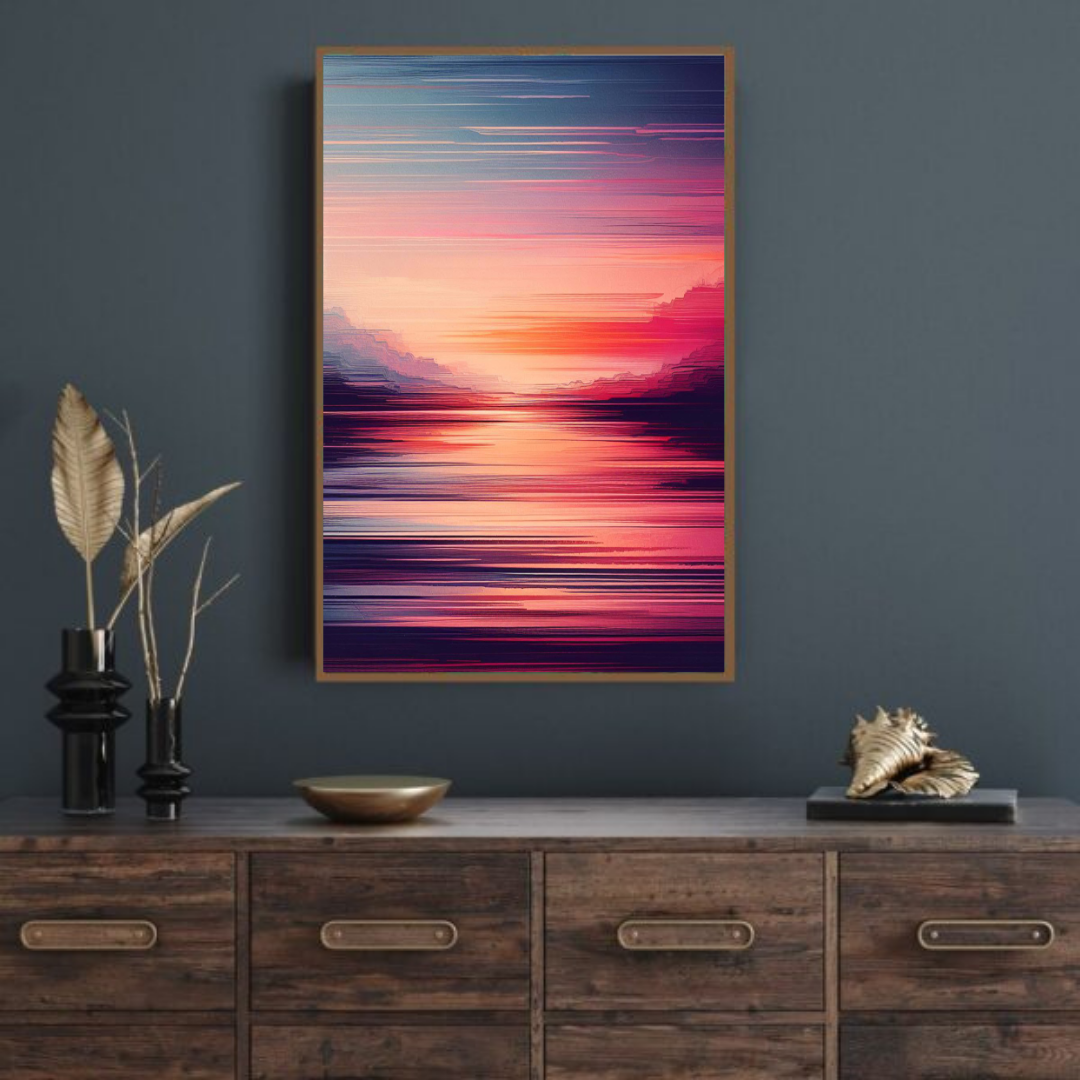 “Sunset Twilight” by ArtixHub – abstract canvas wall art blending soft gradients of gold, coral, and mauve, evoking the moment twilight kisses the horizon. Ideal for bedrooms, dining areas, or lounge spaces, this warm-toned piece offers depth, calm, and an artistic sunset glow to modern UAE interiors.