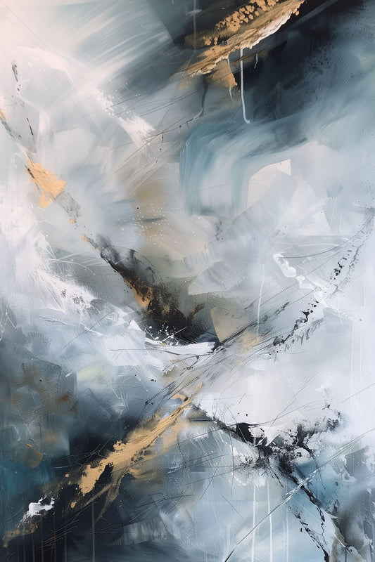 “Temporal Shift” by ArtixHub – abstract canvas wall art with sweeping black, white, and electric blue lines suggesting the passage of time and movement. Ideal for office spaces, studios, or reading nooks, this bold modern piece brings momentum and intrigue to UAE homes with a taste for dynamic, contemporary design.