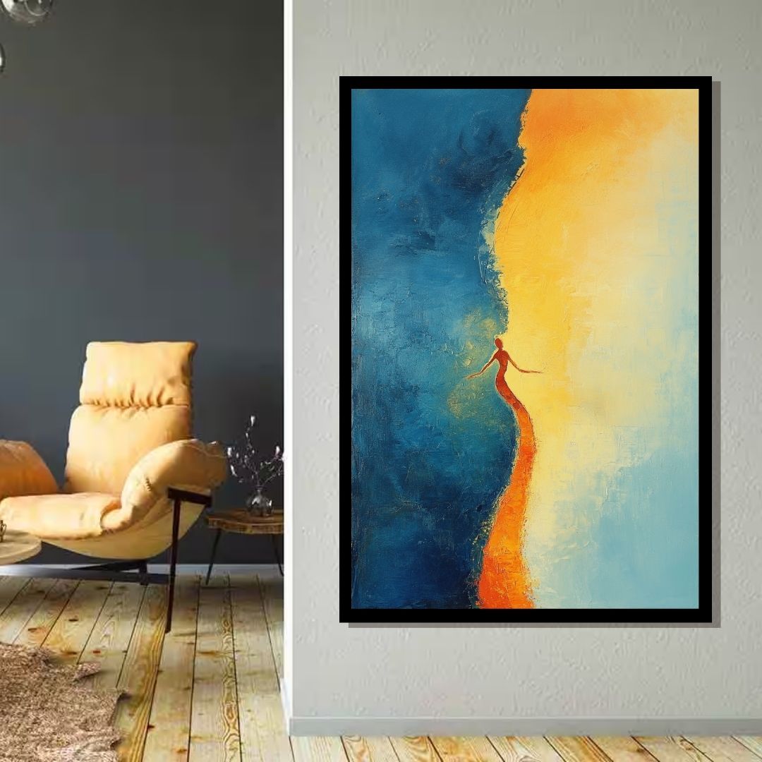 “Threshold” by Valerii – surreal abstract canvas of a figure stepping between shadow and golden light, symbolizing transition and self-awakening. Available at www.artixhub.com