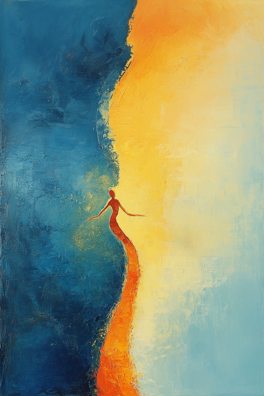 “Threshold” by Valerii – surreal abstract canvas of a figure stepping between shadow and golden light, symbolizing transition and self-awakening. Available at www.artixhub.com