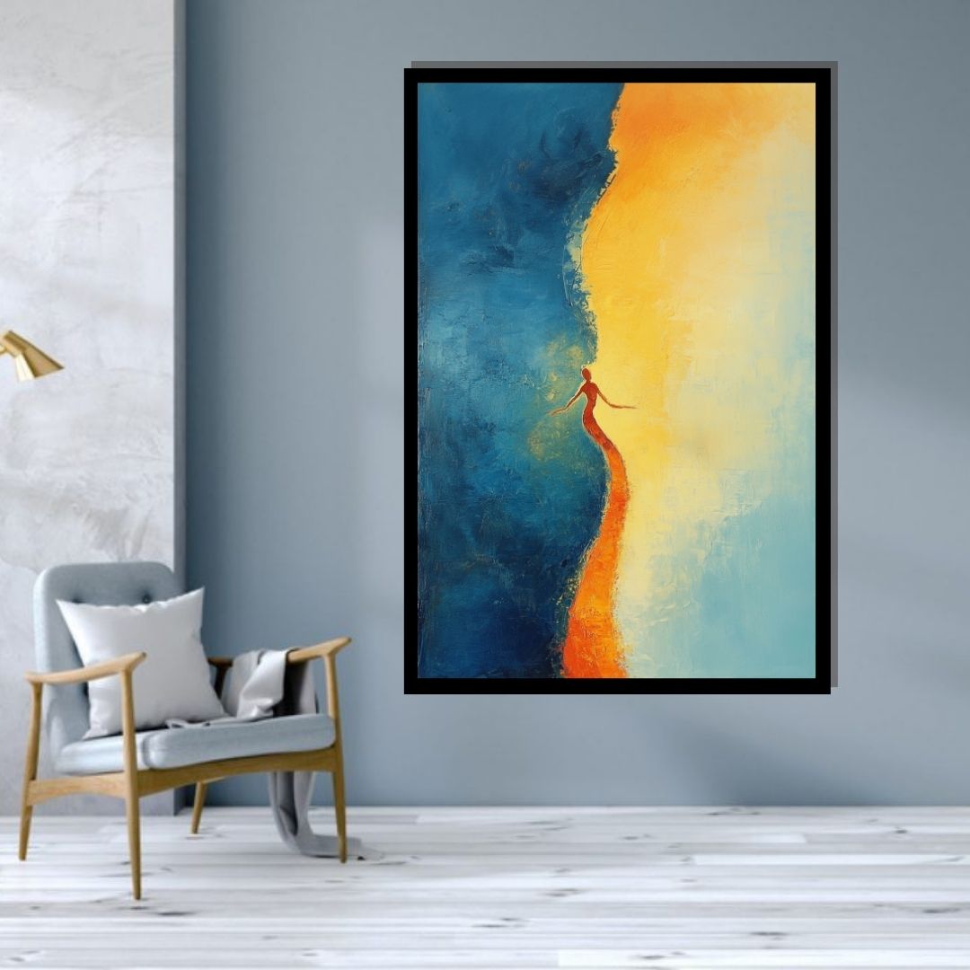 “Threshold” by Valerii – surreal abstract canvas of a figure stepping between shadow and golden light, symbolizing transition and self-awakening. Available at www.artixhub.com