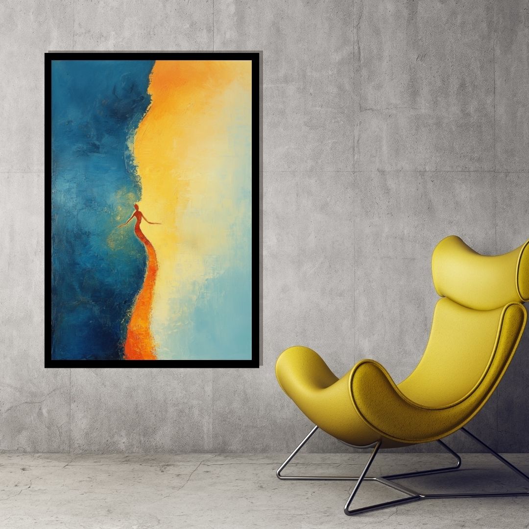 “Threshold” by Valerii – surreal abstract canvas of a figure stepping between shadow and golden light, symbolizing transition and self-awakening. Available at www.artixhub.com