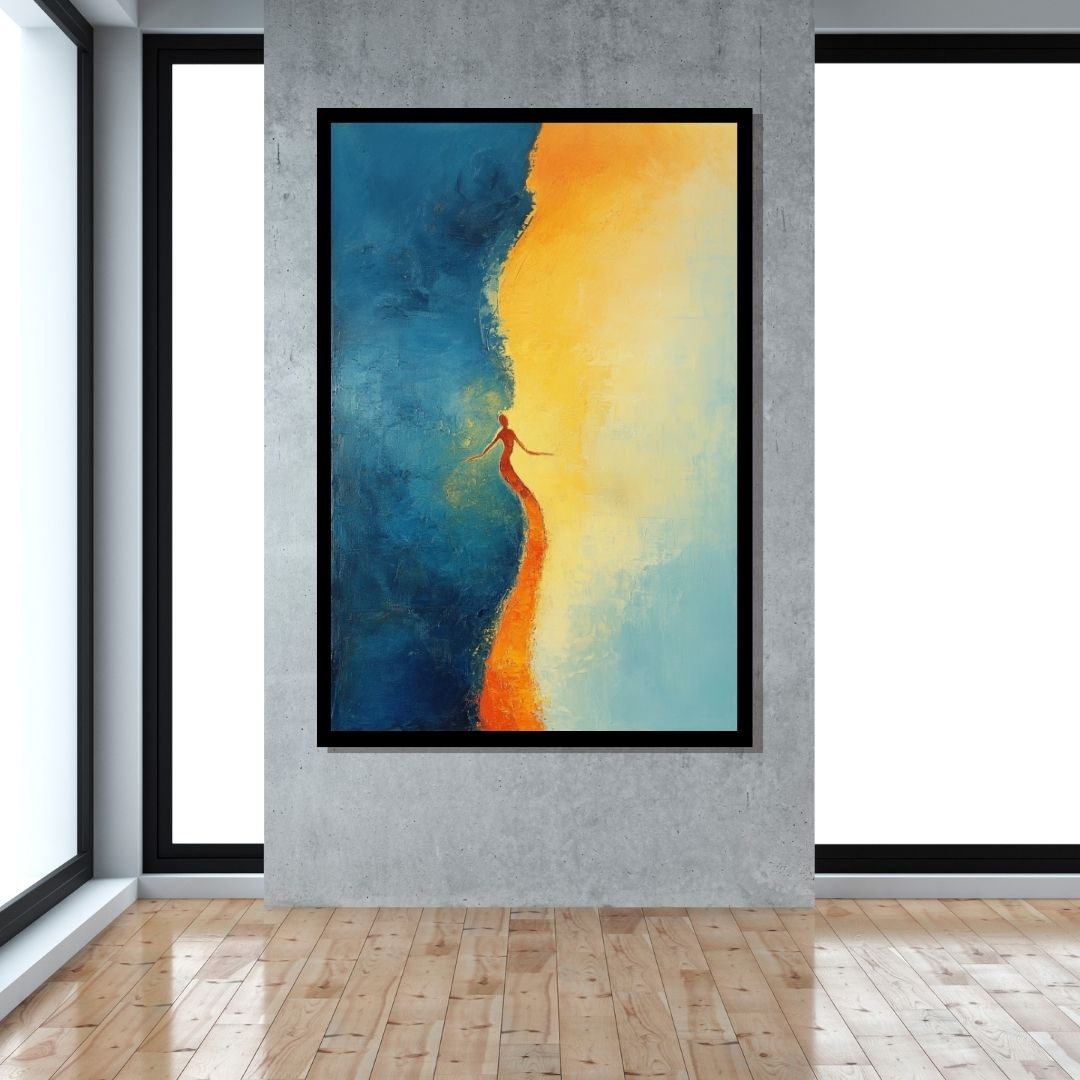“Threshold” by Valerii – surreal abstract canvas of a figure stepping between shadow and golden light, symbolizing transition and self-awakening. Available at www.artixhub.com