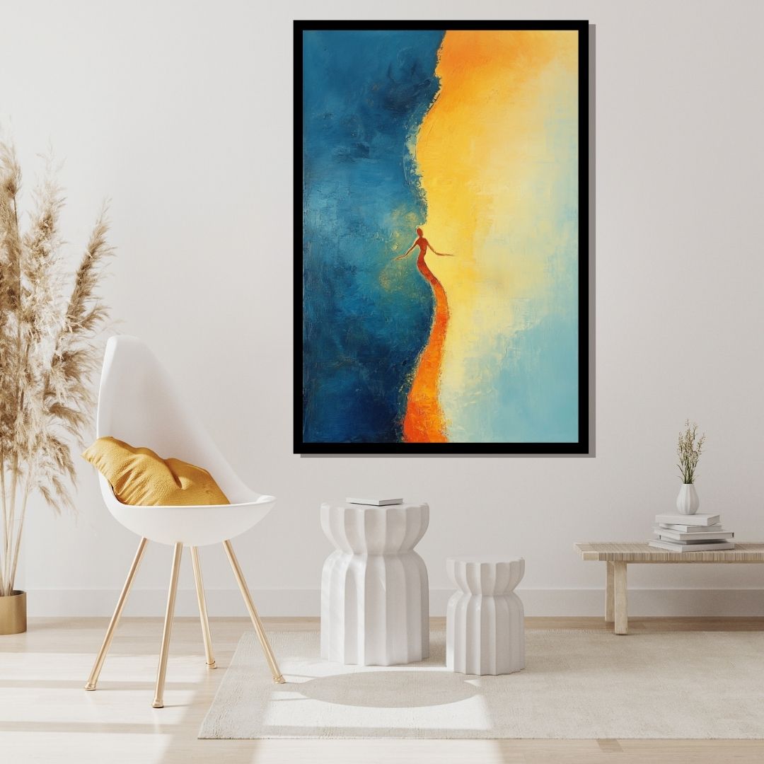 “Threshold” by Valerii – surreal abstract canvas of a figure stepping between shadow and golden light, symbolizing transition and self-awakening. Available at www.artixhub.com