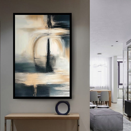 Abstract painting of a boat on water with moody reflections and layered brush strokes in blue, beige, and black tones – ArtixHub