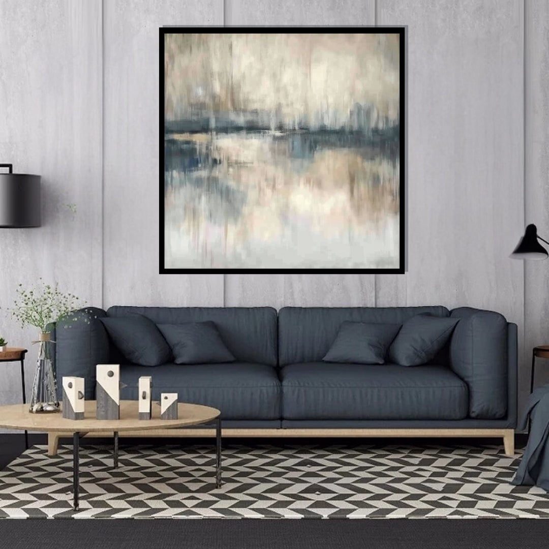 “Tide Whisper” by Sarah Lemaire – abstract shoreline painting in muted blush, blue, and beige tones with a soft mirrored tide and minimalist calm.
