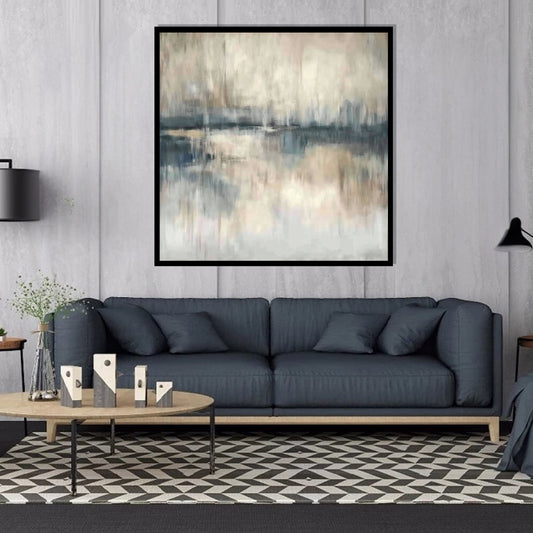 “Tide Whisper” by Sarah Lemaire – abstract shoreline painting in muted blush, blue, and beige tones with a soft mirrored tide and minimalist calm.