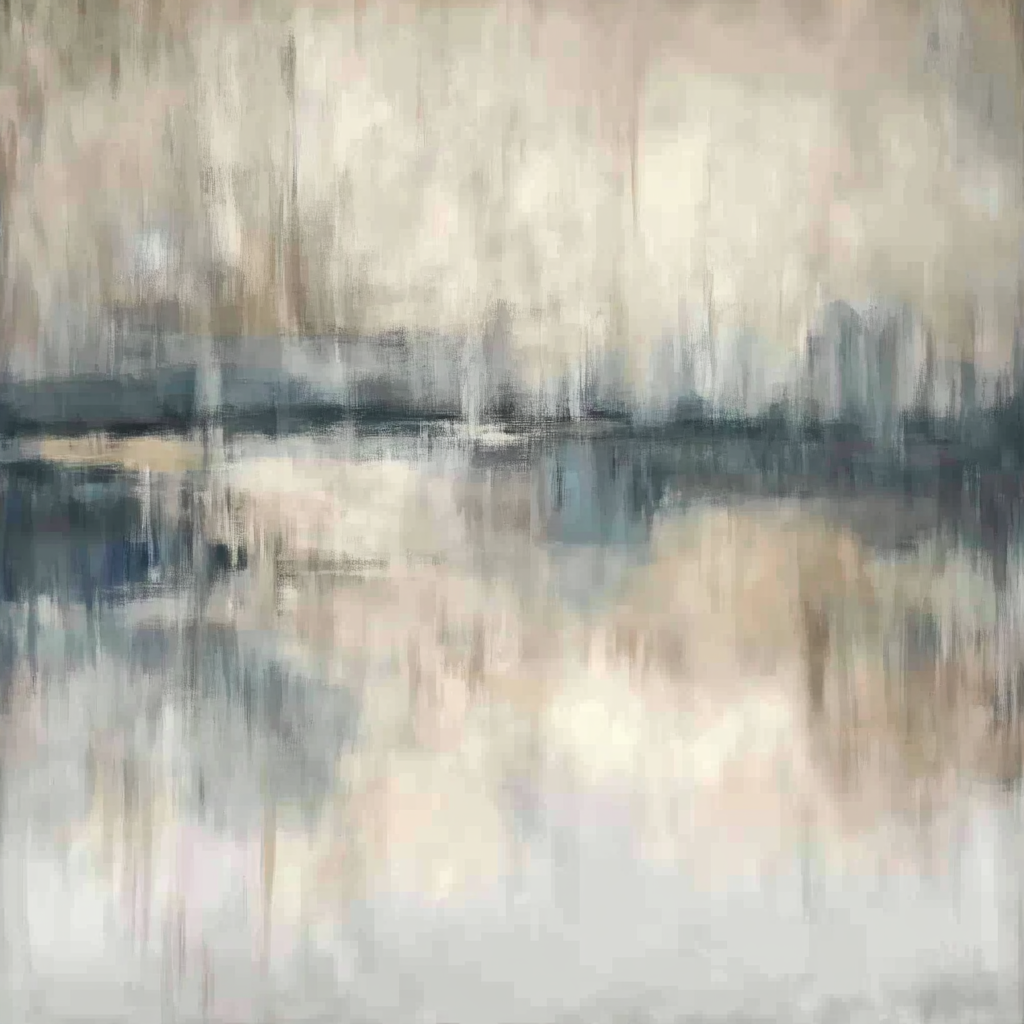 “Tide Whisper” by Sarah Lemaire – abstract shoreline painting in muted blush, blue, and beige tones with a soft mirrored tide and minimalist calm.