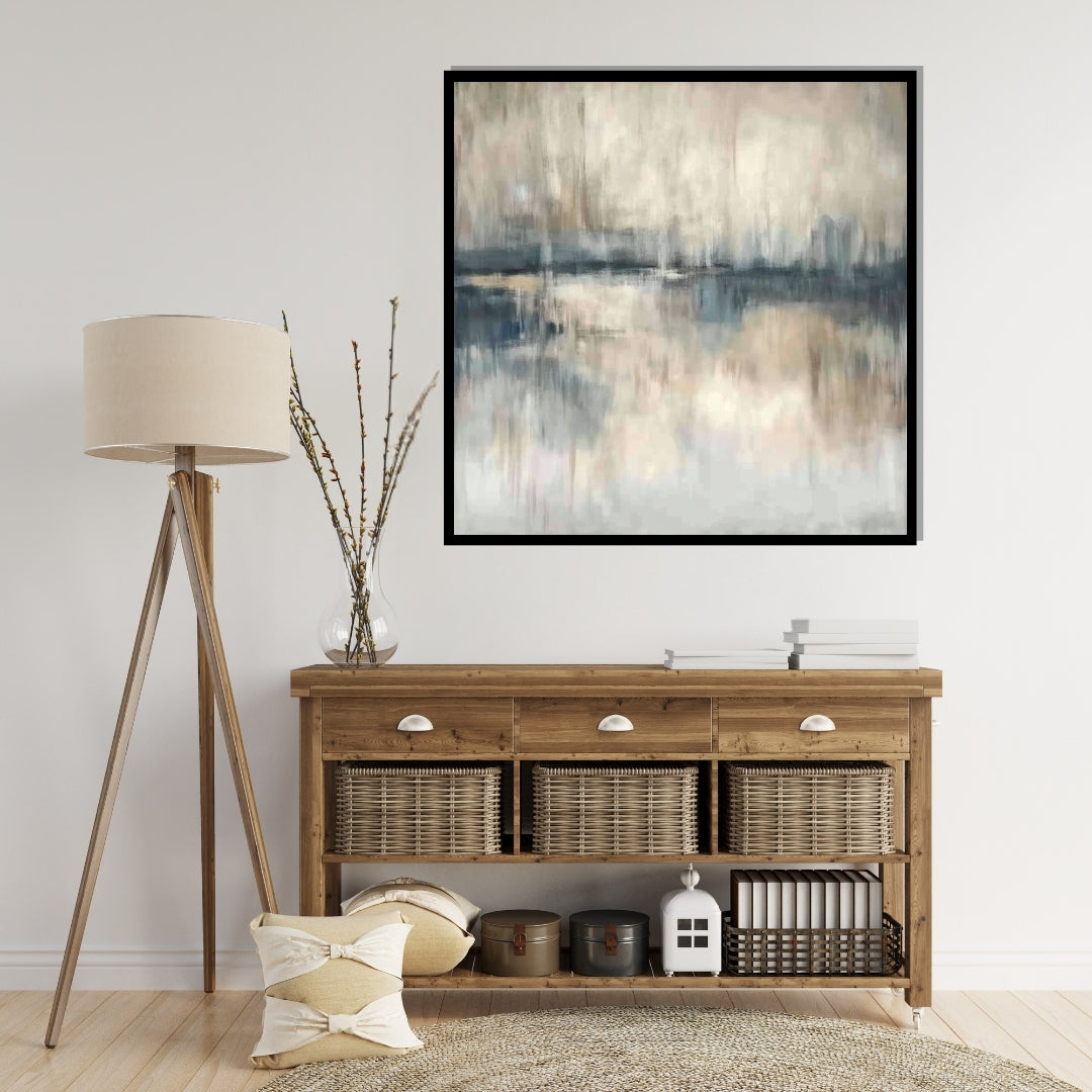 “Tide Whisper” by Sarah Lemaire – abstract shoreline painting in muted blush, blue, and beige tones with a soft mirrored tide and minimalist calm.