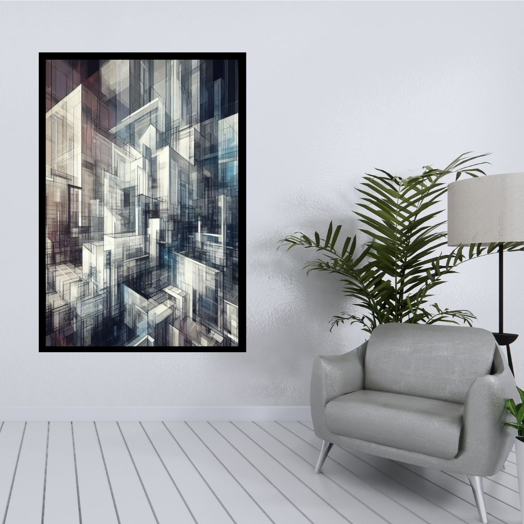 “Translucent Wireframe” by ArtixHub – abstract canvas wall art with intersecting lines and layered forms in warm beige, cream, and soft gray tones, evoking a digital architectural sketch. Ideal for offices, studios, or modern hallways, this crisp and minimal piece brings structure and clarity to UAE interiors with a refined geometric edge.