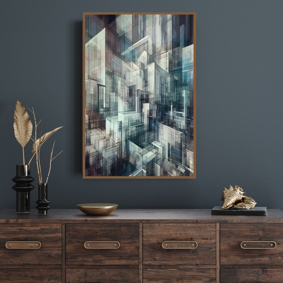 “Translucent Wireframe” by ArtixHub – abstract canvas wall art with intersecting lines and layered forms in warm beige, cream, and soft gray tones, evoking a digital architectural sketch. Ideal for offices, studios, or modern hallways, this crisp and minimal piece brings structure and clarity to UAE interiors with a refined geometric edge.