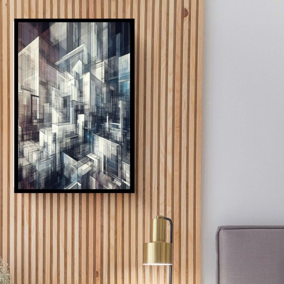 “Translucent Wireframe” by ArtixHub – abstract canvas wall art with intersecting lines and layered forms in warm beige, cream, and soft gray tones, evoking a digital architectural sketch. Ideal for offices, studios, or modern hallways, this crisp and minimal piece brings structure and clarity to UAE interiors with a refined geometric edge.