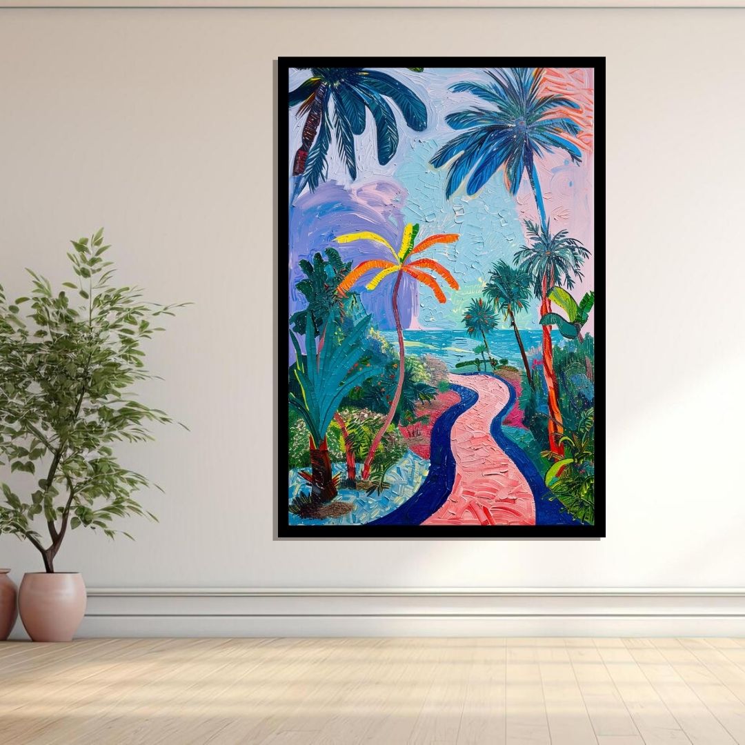 “Tropical Voyage” by ArtixHub – vibrant canvas wall art showcasing a dreamy tropical path lined with pink and coral palm trees, leading to a hazy horizon under a glowing sky. Ideal for bedrooms, wellness spaces, or entryways, this piece brings wanderlust, warmth, and exotic charm to UAE homes with bold, nature-inspired aesthetics.