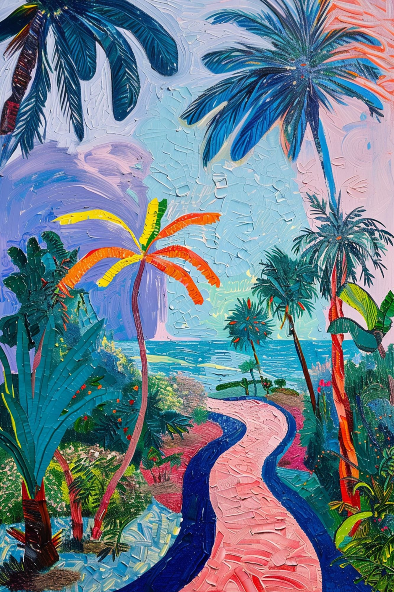 “Tropical Voyage” by ArtixHub – vibrant canvas wall art showcasing a dreamy tropical path lined with pink and coral palm trees, leading to a hazy horizon under a glowing sky. Ideal for bedrooms, wellness spaces, or entryways, this piece brings wanderlust, warmth, and exotic charm to UAE homes with bold, nature-inspired aesthetics.